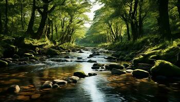 Tranquil scene flowing water, green trees, reflecting sunlight in nature generated by AI photo