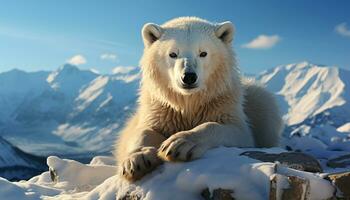 A majestic white dog sits in the snowy arctic landscape generated by AI photo