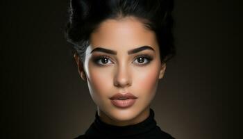 Young woman with brown hair, looking at camera, exuding elegance generated by AI photo