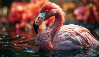 A vibrant pink flamingo wades in a tranquil blue pond generated by AI photo