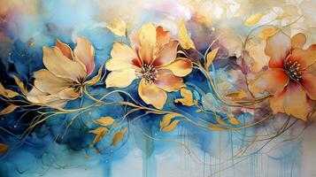 Abstract floral background with watercolor splashes and flowers. Ink abstraction with floral elements with gold. Paint stains. photo