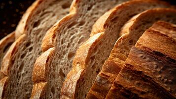 Whole grain organic bread. Bread texture close-up. Yeast-free natural eco bread. Schwarzbrot Bio bread. photo