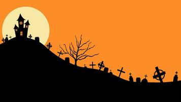 Halloween Castle flat design vector illustration. Halloween banner with silhouette of scary castle on orange background with full Moon. Illustration for holiday cards, invitations, banners