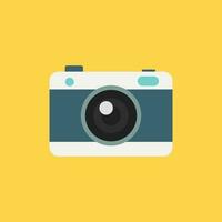 retro camera flat design vector illustration. Vector illustration. Cute film retro photo camera. Modern digital device with lens in vintage style. Sticker with contour. Isolated on color background