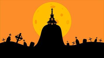 Halloween Castle flat design vector illustration. Halloween banner with silhouette of scary castle on orange background with full Moon. Illustration for holiday cards, invitations, banners