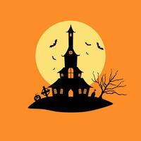 Víspera de Todos los Santos castillo con luz de la luna plano diseño. obsesionado casa escalofriante castillo. haloween fiesta firmar vector cubrir ilustración. helloween icono recopilación. plano diseño dibujos animados concepto