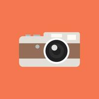 retro camera flat design vector illustration. Vector illustration. Cute film retro photo camera. Modern digital device with lens in vintage style. Sticker with contour. Isolated on color background