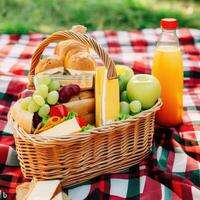 Picnic basket with food and drinks on plaid in the park. AI generated. photo