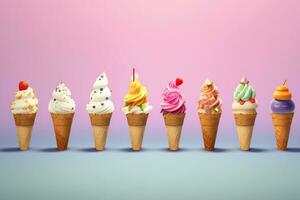 Set of ice cream in waffle cone on colorful background, Design card Generative AI photo