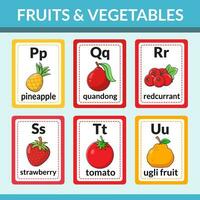 Fruits and vegetables flashcards for introducing alphabets and vocabulary vector illustration