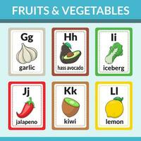 Fruits and vegetables flashcards for introducing alphabets and vocabulary vector illustration