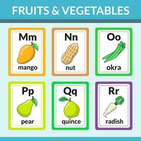 Fruits and vegetables flashcards for introducing alphabets and vocabulary vector illustration