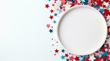 4th of July background, USA Presidents Day, Independence Day, Memorial day, US election concept. Red white and blue paper fans with stars confetti. Flat lay, top view, banner Generative AI photo