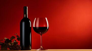 A bottle and a glass of red wine stand on a black mirror table. Black and red background. Generative AI photo