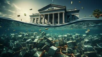 Bank drowning under water. Conseptual banking crisis 3D rendering illustration. Generative AI photo