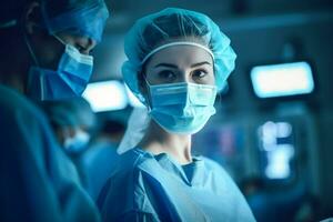 Professional medical doctor working in emergency medicine. Portrait of the nurse in protective mask. Generative AI photo