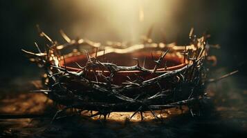 Selective focus crown of thorns of Jesus Christ on wooden background with window light, Vintage tone with copy space Generative AI photo