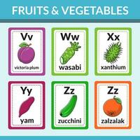 Fruits and vegetables flashcards for introducing alphabets and vocabulary vector illustration