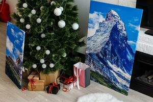 Photography canvas prints. Stacked colorful photos with gallery wrapping method of canvas stretching on stretcher bar, lateral side