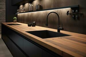 Modern spacious bright kitchen with sunlight and dark accents. 3d rendering. Kitchen empty surface with utensils. Generative AI photo