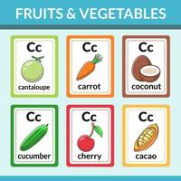 Fruits and vegetables that start with C flashcards for introducing alphabets and vocabulary vector illustration