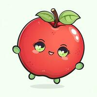 linda gracioso saltando rojo manzana. vector mano dibujado dibujos animados kawaii personaje ilustración icono. aislado en ligero verde antecedentes. rojo manzana concepto