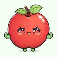 linda gracioso rojo manzana fuerte. vector mano dibujado dibujos animados kawaii personaje ilustración icono. aislado en ligero verde antecedentes. rojo manzana muestra músculos personaje concepto