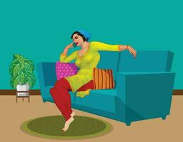 pakistaní mujer vistiendo shalwar kameez vocación en un célula teléfono sentado en el sofá en el dibujo habitación vector