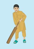 little Pakistani boy wearing shalwar kameez holding cricket bat playing street cricket vector