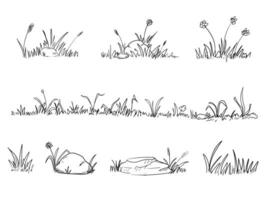 Set of grass doodle elements. Hand drawn grass field outline scribble vector