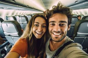 Young handsome couple taking a selfie on the airplane during flight around the world. They are a man and a woman, smiling and looking at camera. Travel, happiness and lifestyle Generative AI photo