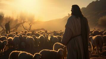 silueta de pastor y oveja generativo ai foto