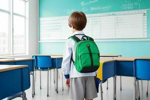 Back view of a schoolboy with a backpack standing in the classroom.  AI Generative Pro Photo