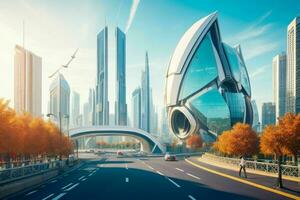 modern city in trendy futurism style.  AI Generative Pro Photo