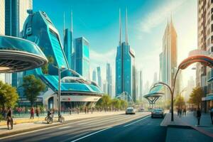 modern city in trendy futurism style.  AI Generative Pro Photo