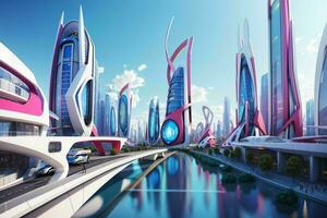 modern city in trendy futurism style.  AI Generative Pro Photo