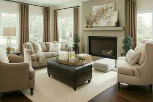 Transitional style living room design.  AI Generative Pro Photo