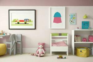 Interior kid's room and wall frame.  AI Generative Pro Photo