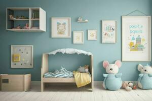 Interior kid's room and wall frame.  AI Generative Pro Photo