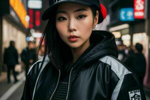 Portrait of a woman in streetwear on the street.  AI Generative Pro Photo