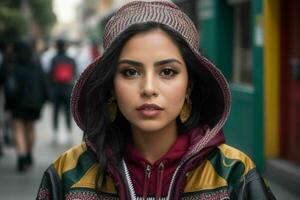 retrato de un mujer en ropa de calle en el calle. ai generativo Pro foto