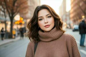 hermosa mujer en un suéter en el calle. ai generativo Pro foto