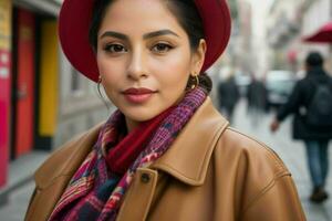 Beautiful woman in a coat on the street.  AI Generative Pro Photo