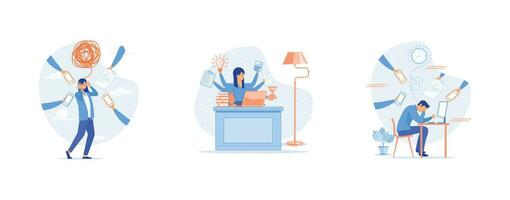 Multitasking concept, Time Management Planning and Scheduling, Business people Surrounded by Hands with Office Things, set flat vector modern illustration