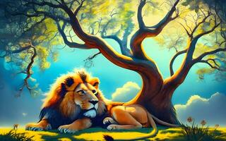 Majestic Lions Bask in Tranquility Beneath the Canopy. AI Generated photo