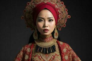 Portraits of fashionable beautiful women in traditional clothes.  AI Generative Pro Photo