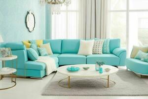 moderno vivo habitación diseño con cómodo sofá y elegante decoración. ai generativo Pro foto