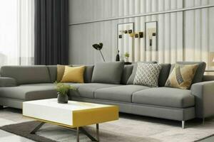 Modern living room design with comfortable sofa and elegant decoration. AI Generative Pro Photo