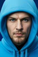 a man in a hoodie with a solid color background. AI Generative Pro Photo