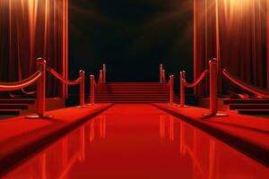 Red carpet with red carpet illuminated by spotlights. 3D rendering, empty Red carpet, AI Generated photo